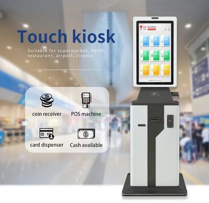 Customizable Touch Screen Self Service Kiosk with Motorized Card Dispenser and Low Maintenance Design